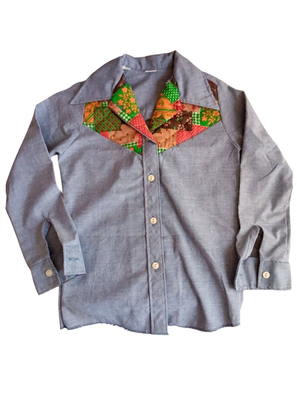 Girls 8 Vintage Pea Pickers Chambray Shirt Patchwork Collar Button-Up Western